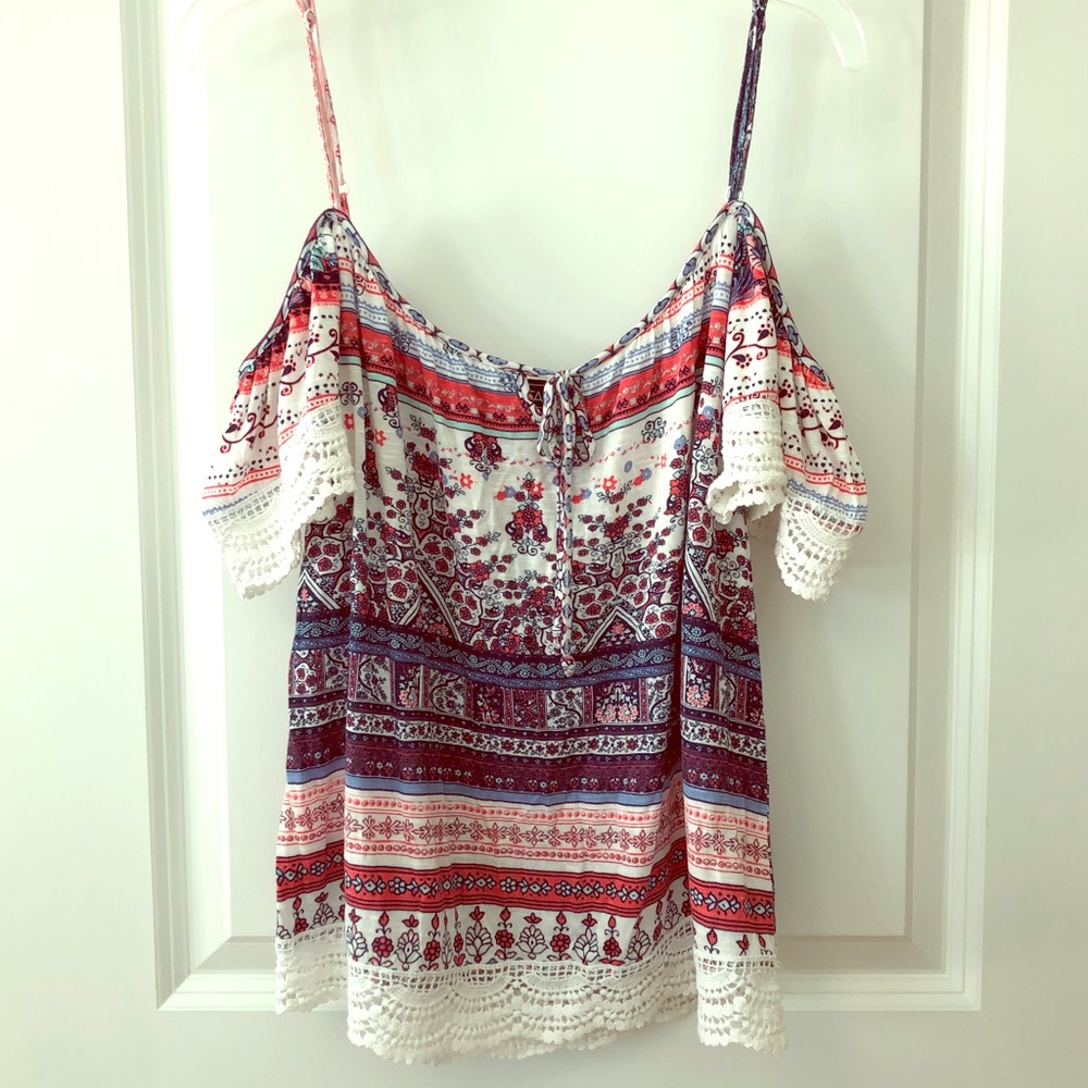 ⬇️ Almost Famous Cold Shoulder Top With Crochet Trim
